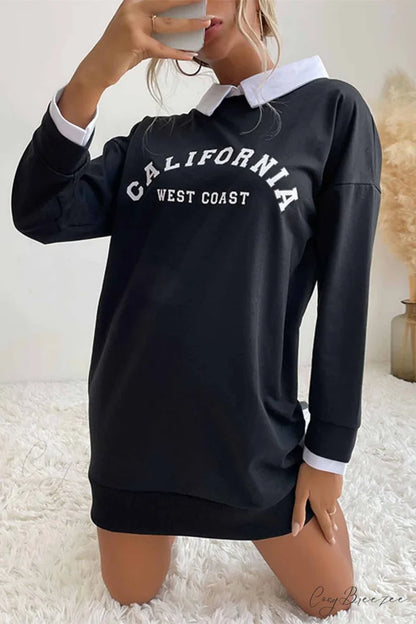 Patchwork Sweatshirt Dress with Lapel Black / XL