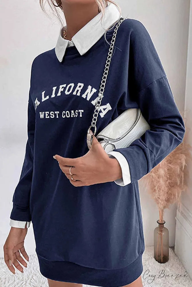 Patchwork Sweatshirt Dress with Lapel Navy Blue / L