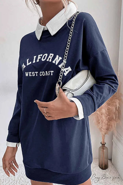 Patchwork Sweatshirt Dress with Lapel Navy Blue / L