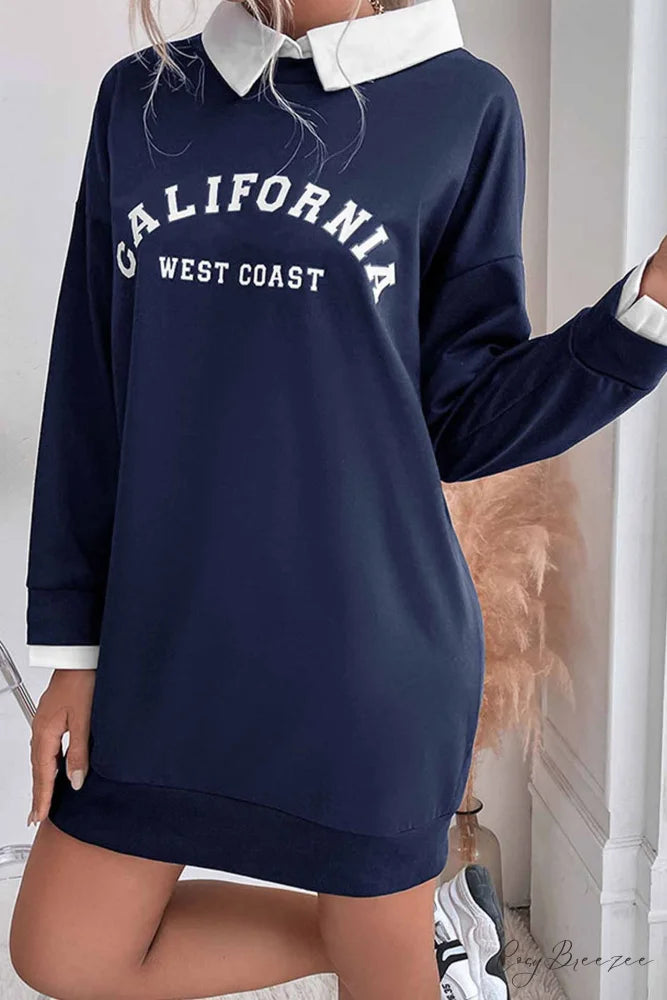 Patchwork Sweatshirt Dress with Lapel Navy Blue / M