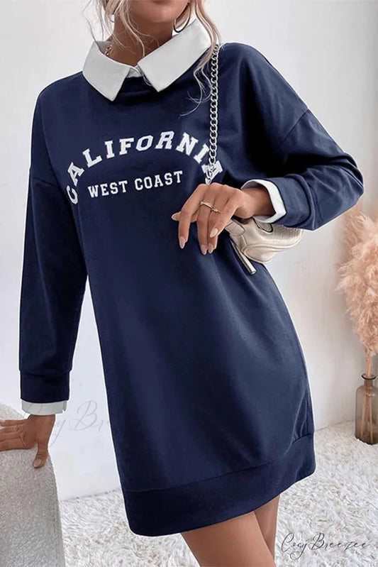Patchwork Sweatshirt Dress with Lapel Navy Blue / S