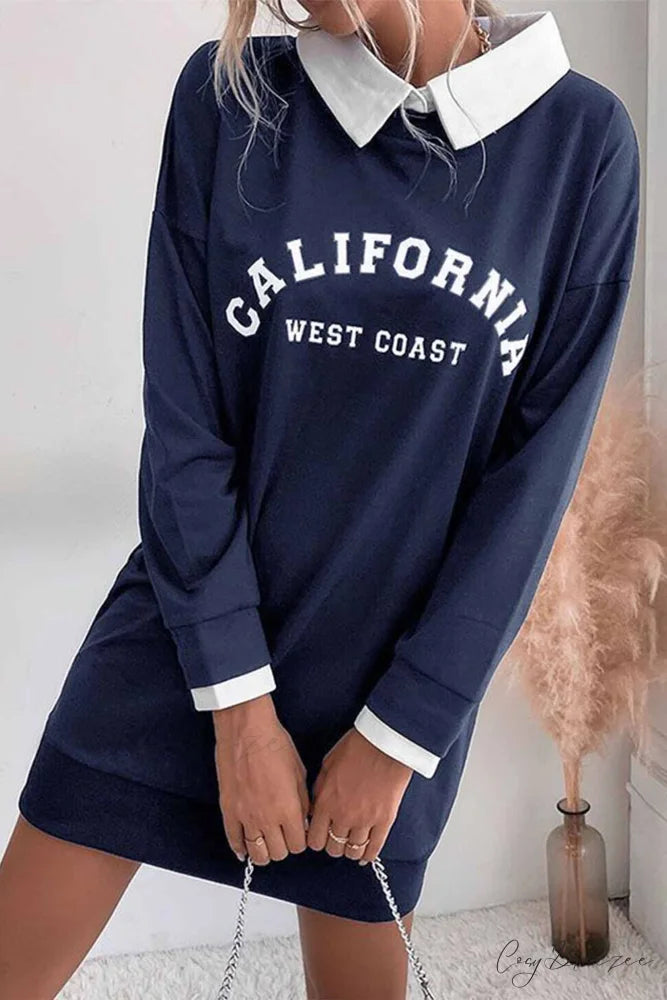 Patchwork Sweatshirt Dress with Lapel Navy Blue / XL