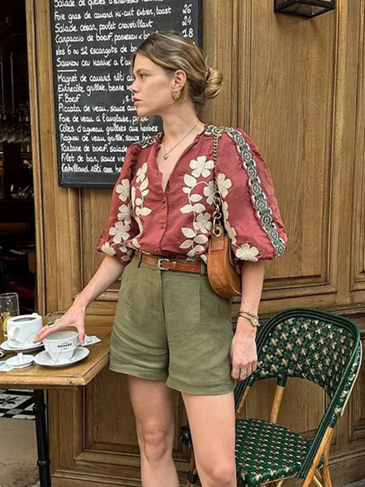 Patterned O Neck Short Sleeve Relaxed Blouse blouse-250223