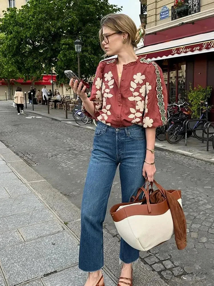 Patterned O Neck Short Sleeve Relaxed Blouse blouse-250223