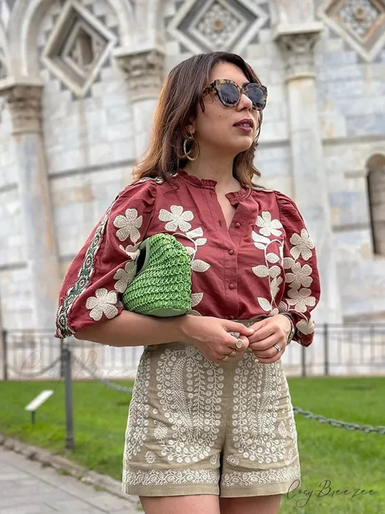 Patterned O Neck Short Sleeve Relaxed Blouse dark red / S blouse-250223