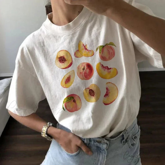 Peach Printed Cottagecore Tee WHITE / S t-shirt-250223