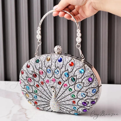 Peacock Diamond Rhinestone Evening Shoulder Clutch Bag silver clutchbag-250126