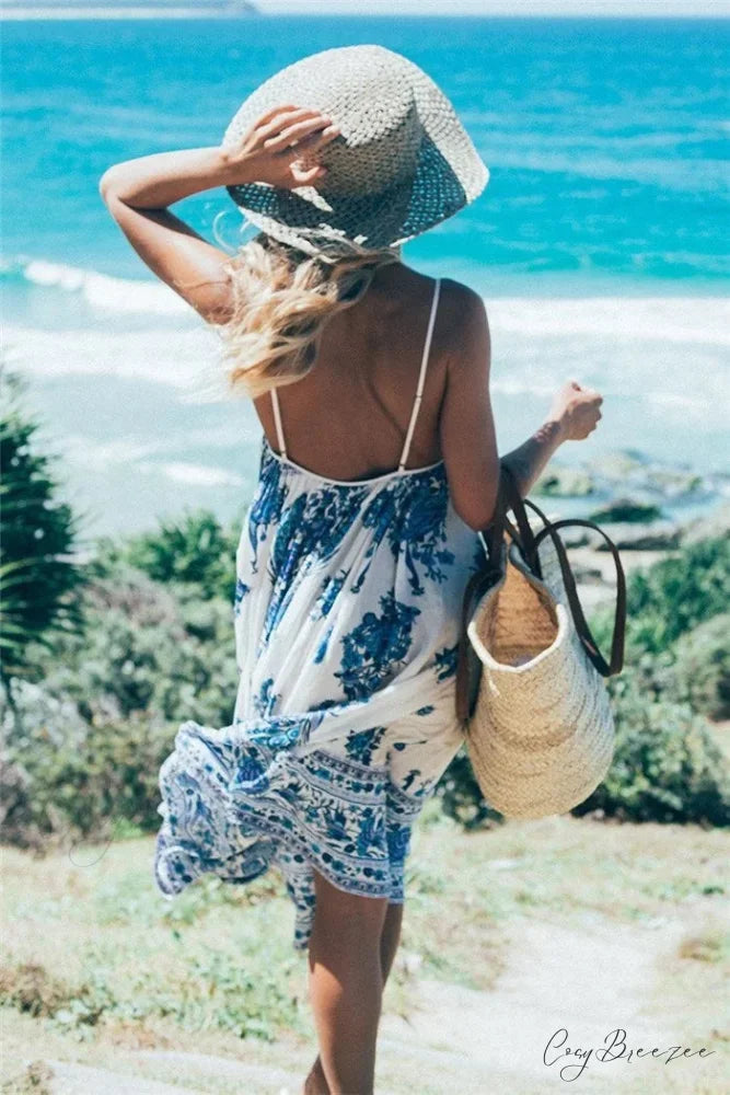 Peacock Floral Print Sleeveless Beach Bohemian Maxi Boho Dress bohodress-250126