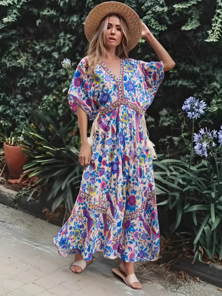 Peacock Floral Print V-neck Rayon Vacation Boho Dress Beige / S bohodress-250126