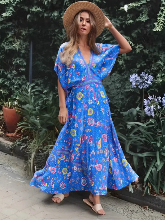 Peacock Floral Print V-neck Rayon Vacation Boho Dress Blue / S bohodress-250126
