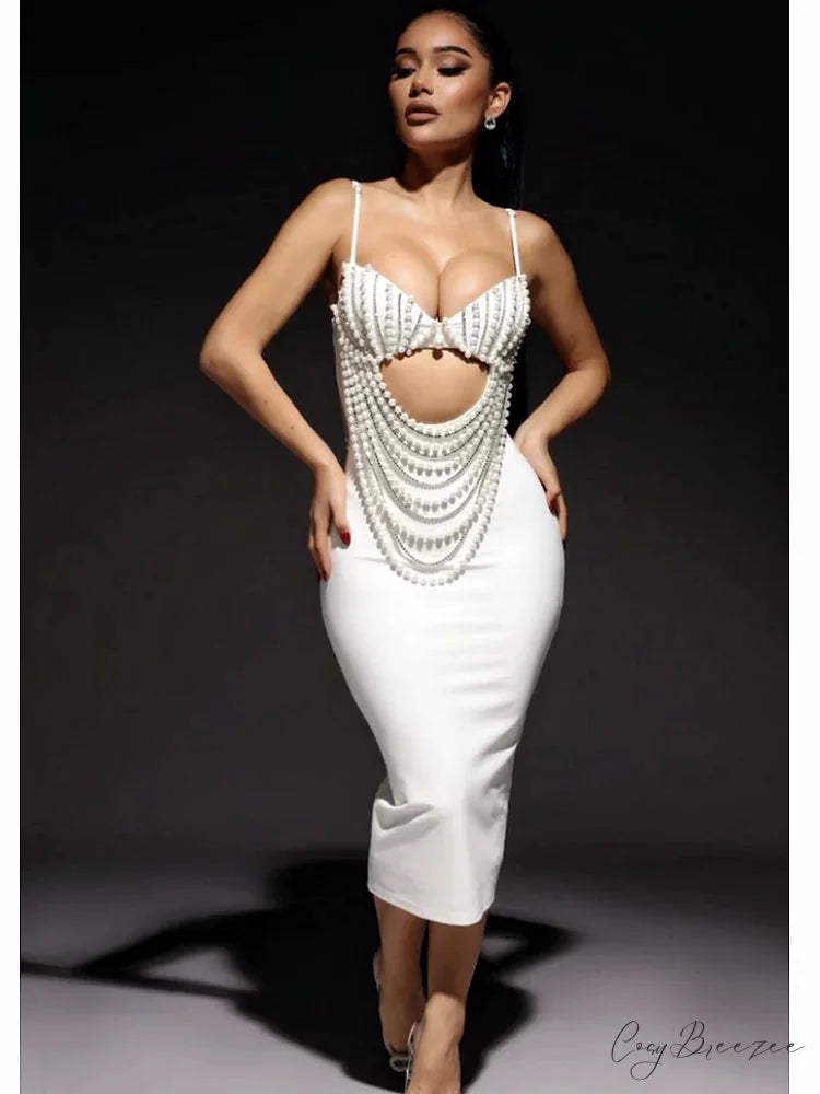 Pearl Beaded Spaghetti Strap Midi Party Dress