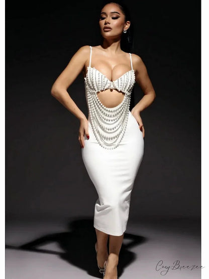 Pearl Beaded Spaghetti Strap Midi Party Dress
