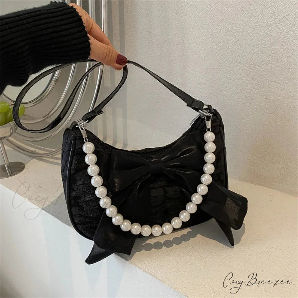 Pearl Bow Crossbody Canvas Shoulder Bag White handbag-250126