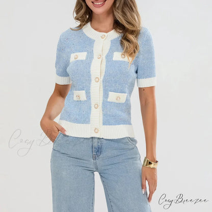 Pearl Button Short Sleeve Cardigan blue / S
