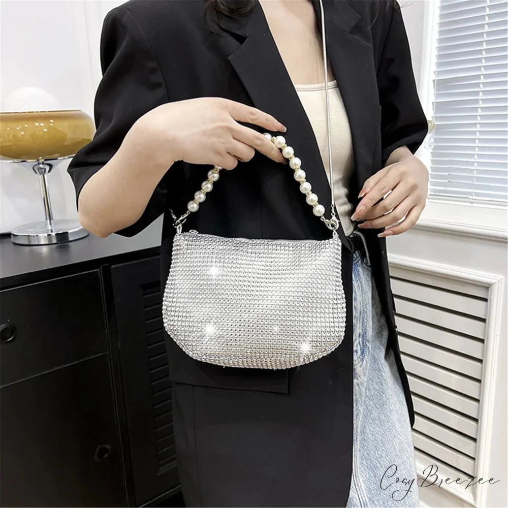 Pearl Rhinestone Delicate Shoulder Party Handbag Silver handbag-250126