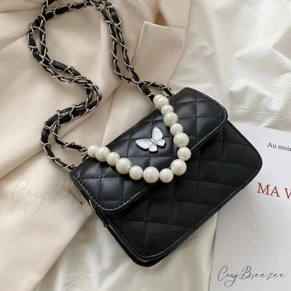 Pearl Shoulder Handbag PU Leather All-Match Tote Black handbag-250126