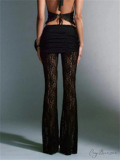 Pearl Spliced Mesh Sheer Stretchy Waist Pant pant-250223