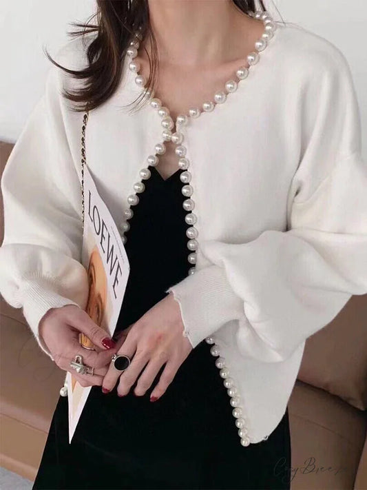 Pearl Trim O-neck Knit Cardigan