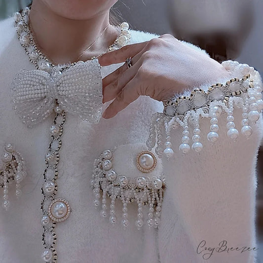 Pearls Tassels Fringed Bow Cardigan WHITE / S