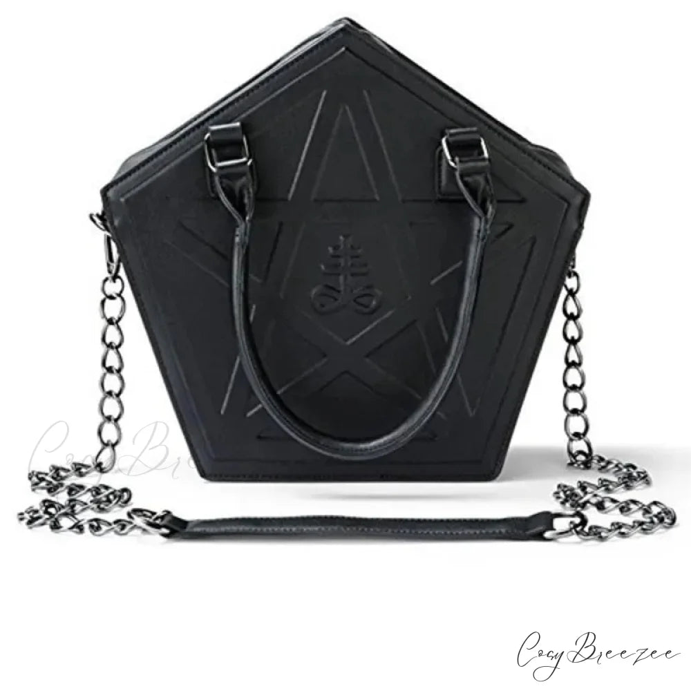 Pentagram Punk Darkness Gothic Star Black Soft Leather Chain Women Handbag Black / (30cm
