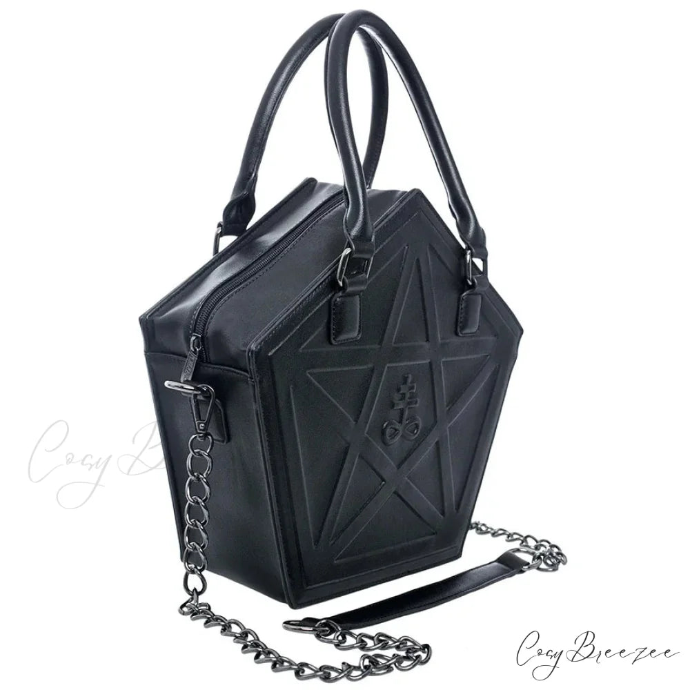 Pentagram Punk Darkness Gothic Star Black Soft Leather Chain Women Handbag Black / (30cm