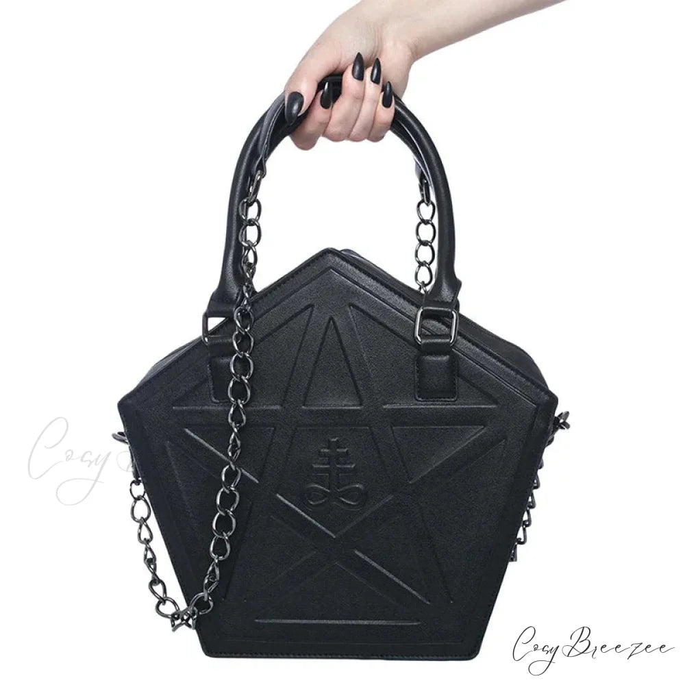 Pentagram Punk Darkness Gothic Star Black Soft Leather Chain Women Handbag Black / (30cm