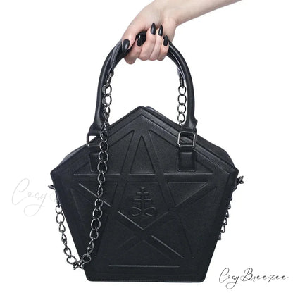 Pentagram Punk Darkness Gothic Star Black Soft Leather Chain Women Handbag Black / (30cm