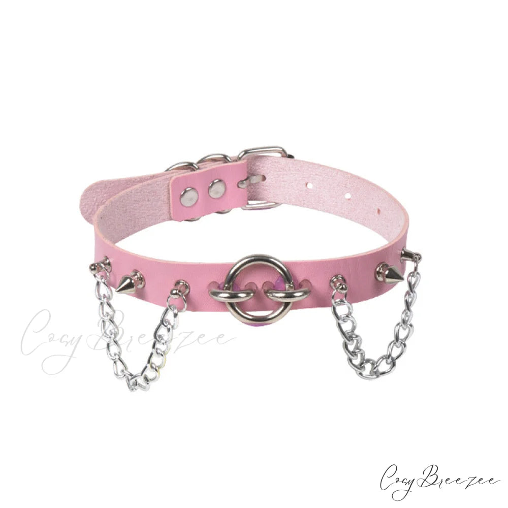 Personality O-ring Rivet Chain PU Necklace PINK