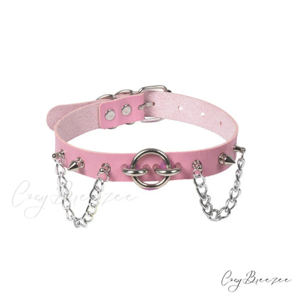Personality O-ring Rivet Chain PU Necklace PINK