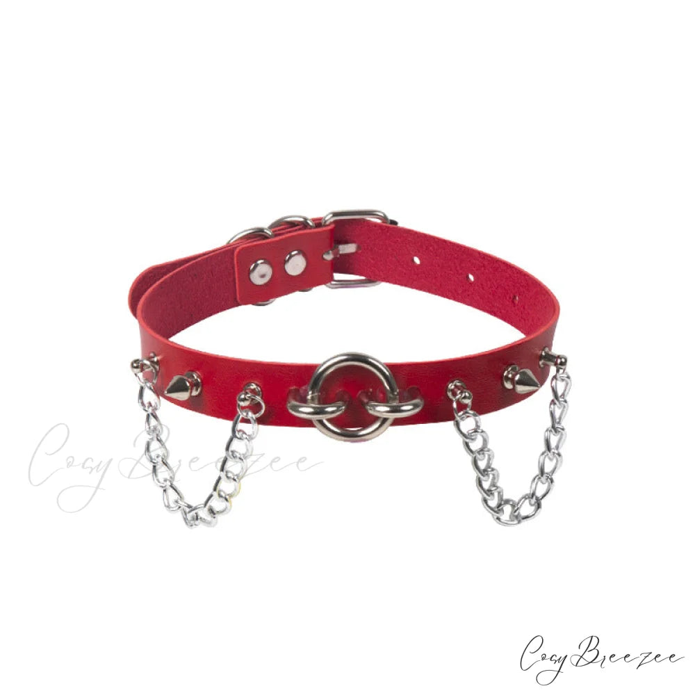 Personality O-ring Rivet Chain PU Necklace RED