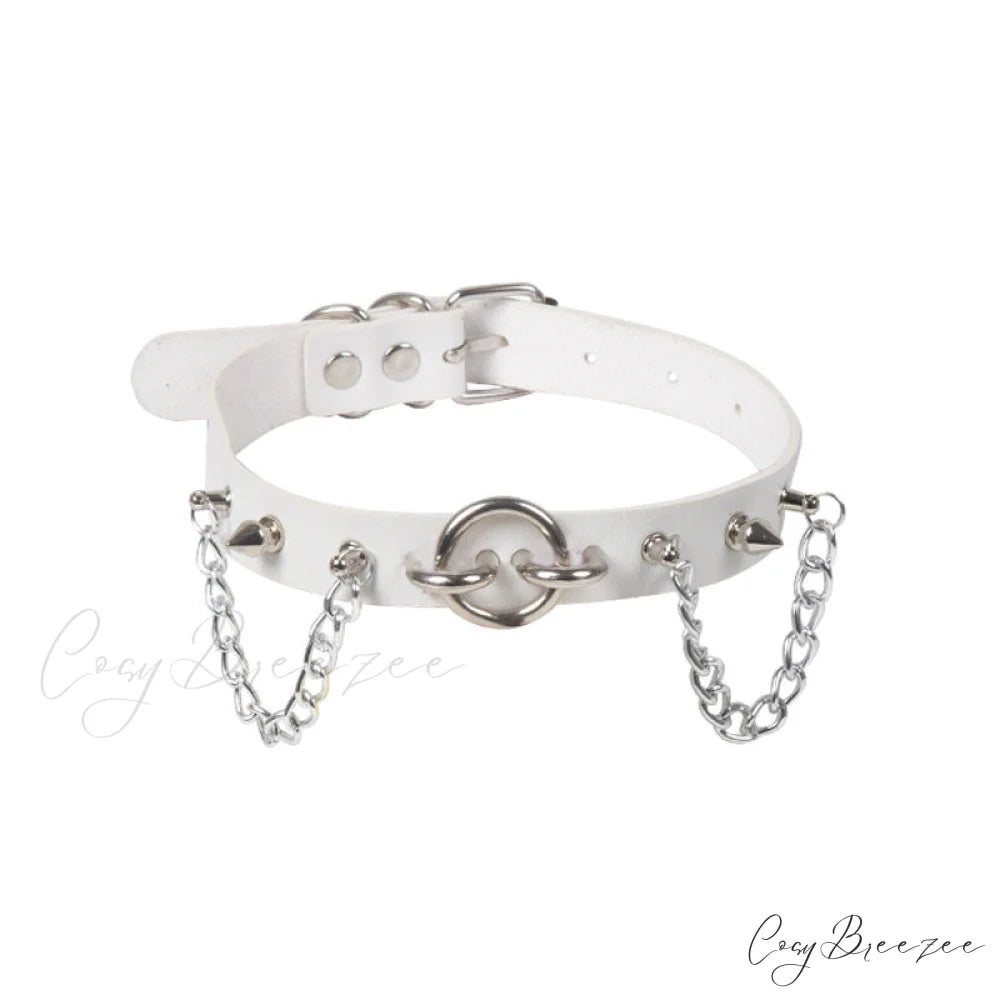 Personality O-ring Rivet Chain PU Necklace WHITE