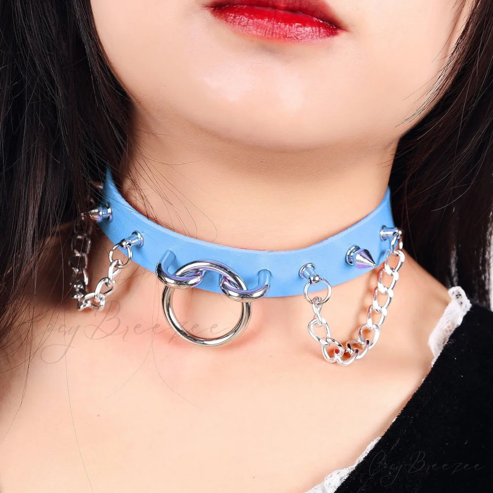 Personality O-ring Rivet Chain Punk Leather Gothic Necklace BLUE