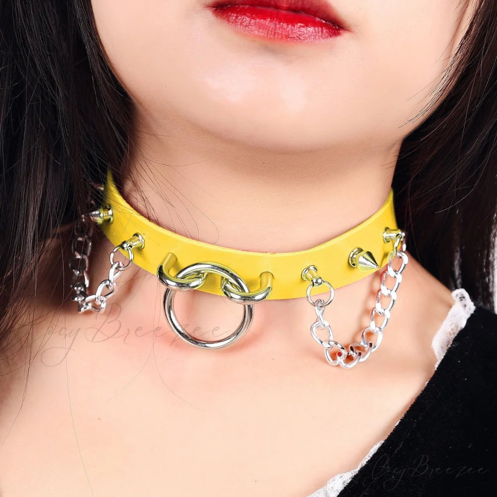 Personality O-ring Rivet Chain Punk Leather Gothic Necklace YELLOW