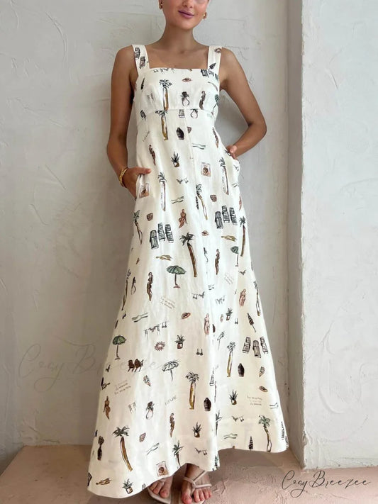 Personalized Graffiti Suspender Charming Sexy Backless Maxi Dress White / S