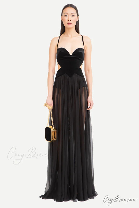 Philomena Sheer Black Trendy Backless Maxi Dress Black / 2