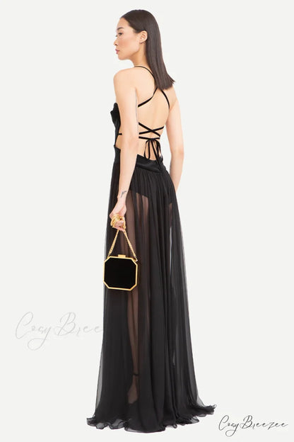Philomena Sheer Black Trendy Backless Maxi Dress