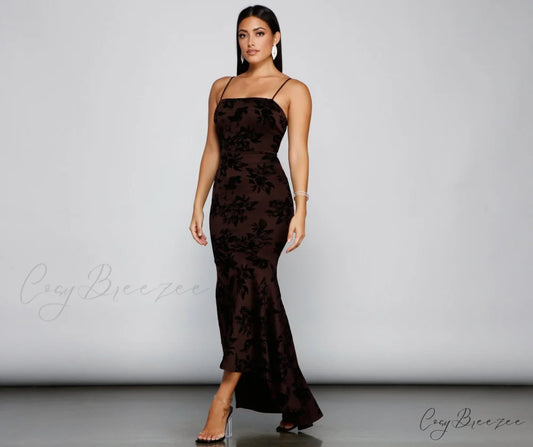 Phoebe Formal Velvet Charming Flocked Mermaid Dress BROWN / S