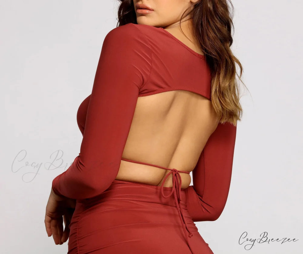 Picture Perfect Open Charming Back Ruched Mini Dress