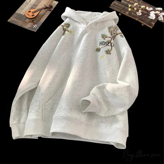 Pine Print Y2K Vintage Oversize Hoodie hoodies-241228