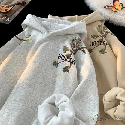 Pine Print Y2K Vintage Oversize Hoodie hoodies-241228