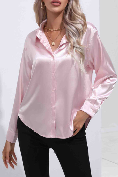 Satin Button Up Blouse with Lapel