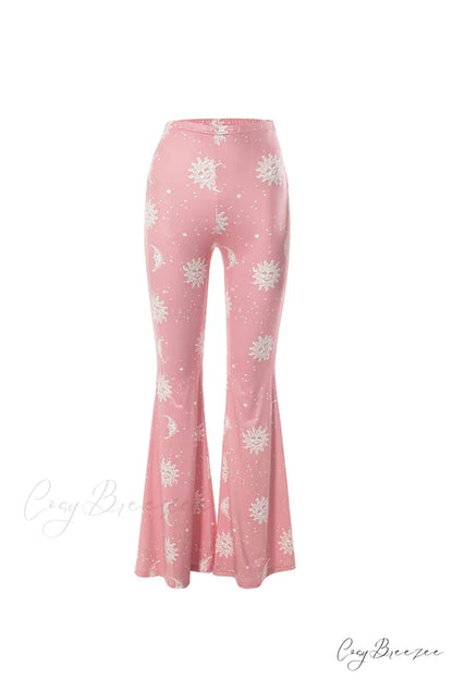 Pink Abstract Print Flares Pants