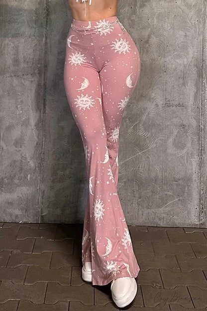 Pink Abstract Print Flares Pants Pink / S