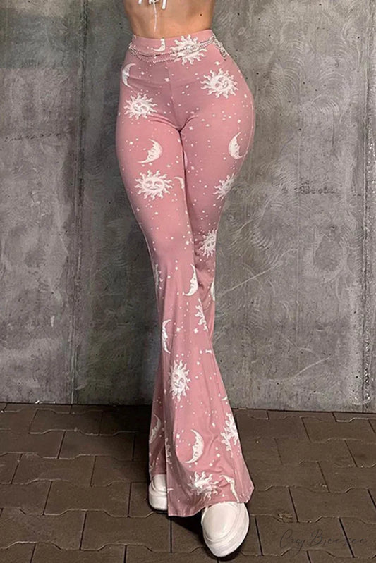Pink Abstract Print Flares Pants Pink / S