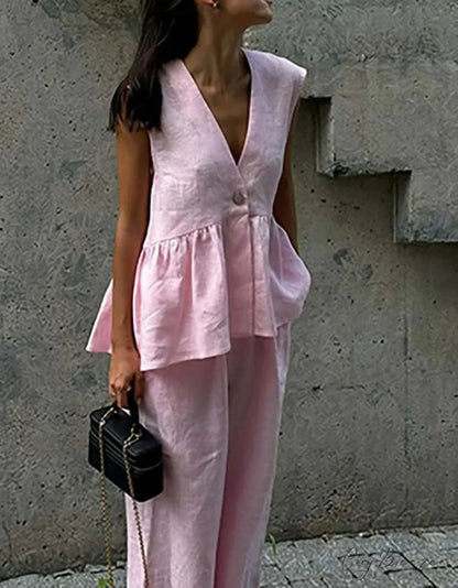 Pink Cotton Deep V-Neck Trousers Office Set officetwopieceset-250223