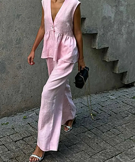 Pink Cotton Deep V-Neck Trousers Office Set Pink / S officetwopieceset-250223