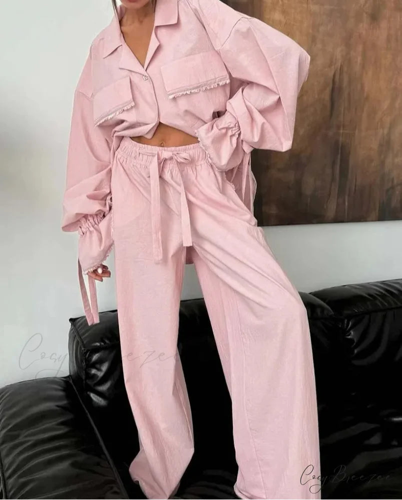 Pink Cotton Lace-Up Drawstring Pants Office Set officetwopieceset-250223