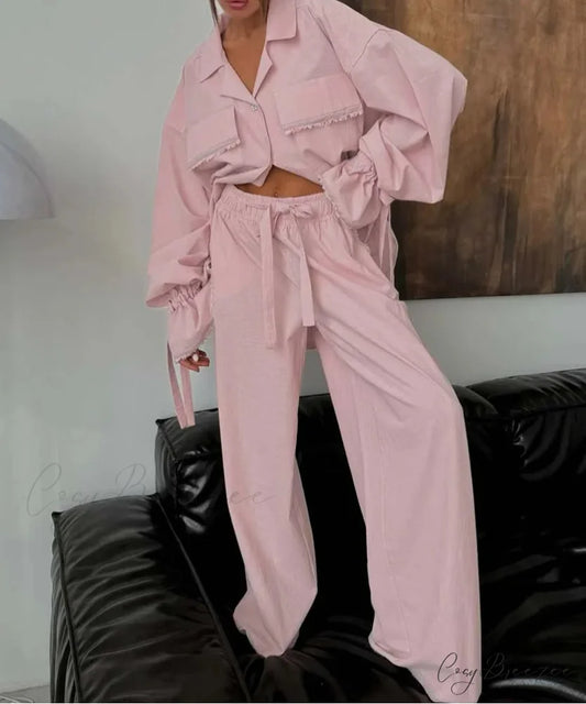 Pink Cotton Lace-Up Drawstring Pants Office Set Pink / S officetwopieceset-250223
