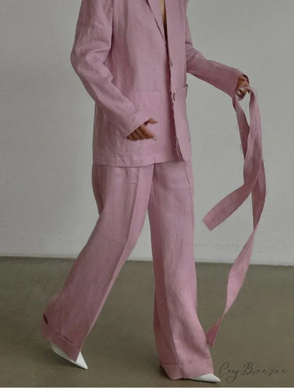 Pink Cotton Lace-Up Wide Pants Office Set officetwopieceset-250223