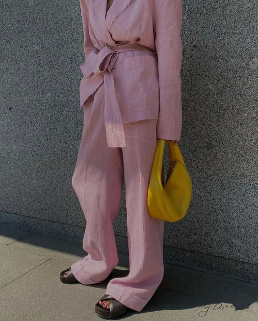 Pink Cotton Lace-Up Wide Pants Office Set Pink / S officetwopieceset-250223